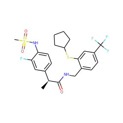 C[C@H](C(=O)NCc1ccc(C(F)(F)F)cc1SC1CCCC1)c1ccc(NS(C)(=O)=O)c(F)c1 ZINC000473158384