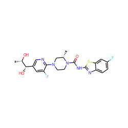 C[C@H](O)[C@@H](O)c1cnc(N2CCN(C(=O)Nc3nc4ccc(F)cc4s3)[C@@H](C)C2)c(F)c1 ZINC000206129123
