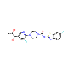 C[C@H](O)[C@@H](O)c1cnc(N2CCN(C(=O)Nc3nc4ccc(F)cc4s3)CC2)c(F)c1 ZINC000206128883