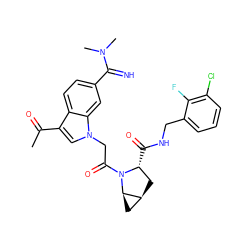 CC(=O)c1cn(CC(=O)N2[C@H](C(=O)NCc3cccc(Cl)c3F)C[C@H]3C[C@H]32)c2cc(C(=N)N(C)C)ccc12 ZINC000148253941