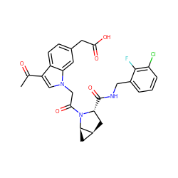 CC(=O)c1cn(CC(=O)N2[C@H](C(=O)NCc3cccc(Cl)c3F)C[C@H]3C[C@H]32)c2cc(CC(=O)O)ccc12 ZINC000148133788