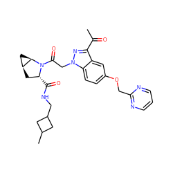CC(=O)c1nn(CC(=O)N2[C@H](C(=O)NCC3CC(C)C3)C[C@H]3C[C@H]32)c2ccc(OCc3ncccn3)cc12 ZINC001772593320