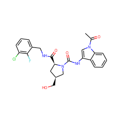 CC(=O)n1cc(NC(=O)N2C[C@@H](CO)C[C@H]2C(=O)NCc2cccc(Cl)c2F)c2ccccc21 ZINC000148438842