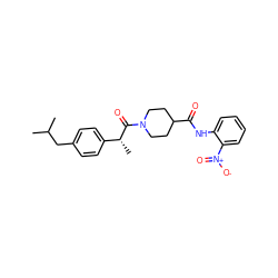 CC(C)Cc1ccc([C@@H](C)C(=O)N2CCC(C(=O)Nc3ccccc3[N+](=O)[O-])CC2)cc1 ZINC000653759960