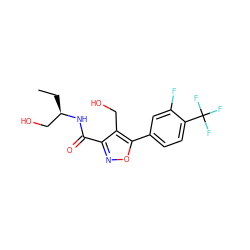 CC[C@H](CO)NC(=O)c1noc(-c2ccc(C(F)(F)F)c(F)c2)c1CO ZINC000072176640