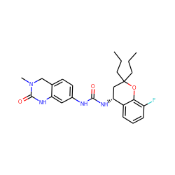 CCCC1(CCC)C[C@@H](NC(=O)Nc2ccc3c(c2)NC(=O)N(C)C3)c2cccc(F)c2O1 ZINC000143661038