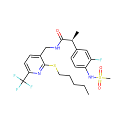 CCCCCSc1nc(C(F)(F)F)ccc1CNC(=O)[C@@H](C)c1ccc(NS(C)(=O)=O)c(F)c1 ZINC000096286106