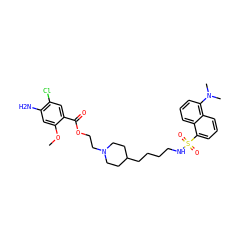 COc1cc(N)c(Cl)cc1C(=O)OCCN1CCC(CCCCNS(=O)(=O)c2cccc3c(N(C)C)cccc23)CC1 ZINC000026579351