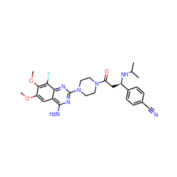 COc1cc2c(N)nc(N3CCN(C(=O)C[C@@H](NC(C)C)c4ccc(C#N)cc4)CC3)nc2c(F)c1OC ZINC001772647503