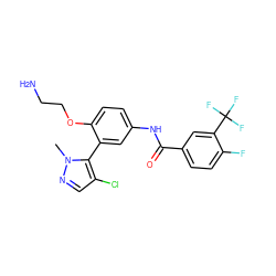Cn1ncc(Cl)c1-c1cc(NC(=O)c2ccc(F)c(C(F)(F)F)c2)ccc1OCCN ZINC000114775252