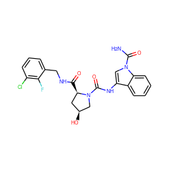 NC(=O)n1cc(NC(=O)N2C[C@@H](O)C[C@H]2C(=O)NCc2cccc(Cl)c2F)c2ccccc21 ZINC000148419894