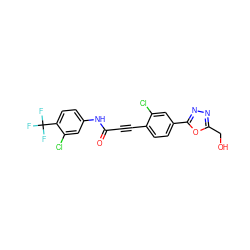 O=C(C#Cc1ccc(-c2nnc(CO)o2)cc1Cl)Nc1ccc(C(F)(F)F)c(Cl)c1 ZINC000149641057