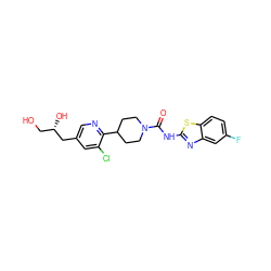 O=C(Nc1nc2cc(F)ccc2s1)N1CCC(c2ncc(C[C@@H](O)CO)cc2Cl)CC1 ZINC000169710884